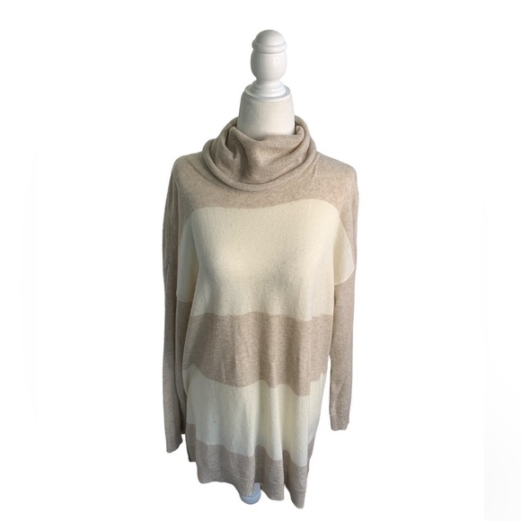 Benedetta B. Cream Striped Turtleneck Made in Italy Cashmere Sweater sz L - Picture 1 of 6